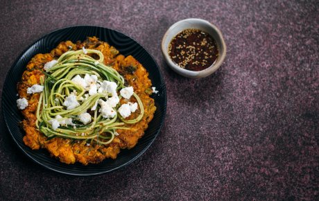 Kimchi pancake with goat's cheese and cucumber