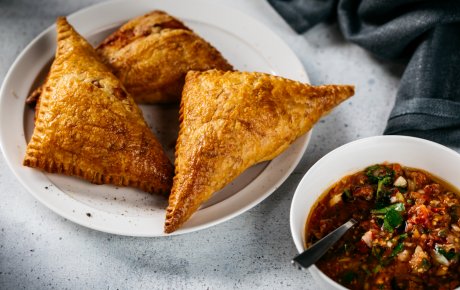 Cheese Triangles with Blackened Cherry Tomato Sauce